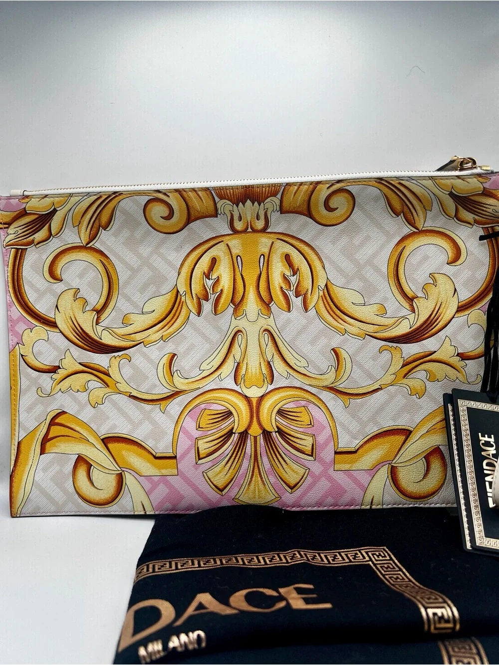 Fendace Flat Pouch Pink and Gold Baroque Roma Clutch